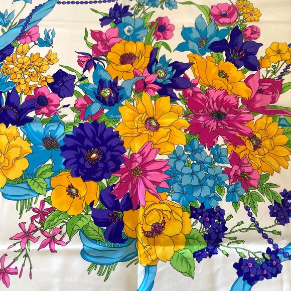 DIOR Silk Scarf Floral Print 34" x 34" Blue White - Picture 3 of 14